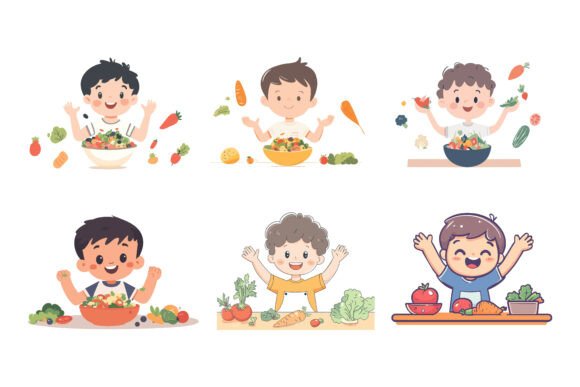 Cute Happy Kids Eat Salad Vegetable: Evaluating Vector Illustration Sets for Your Next Project