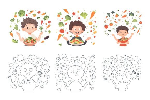 Cute Kids Eat Salad: Versatile Illustration Set for Creators
